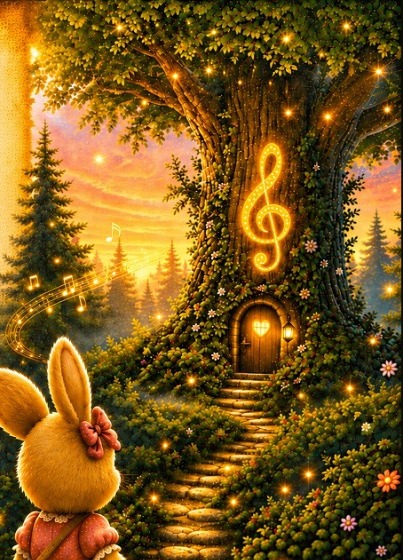 Nina contempla el Árbol de la Música iluminado en el Bosque de los Amigos