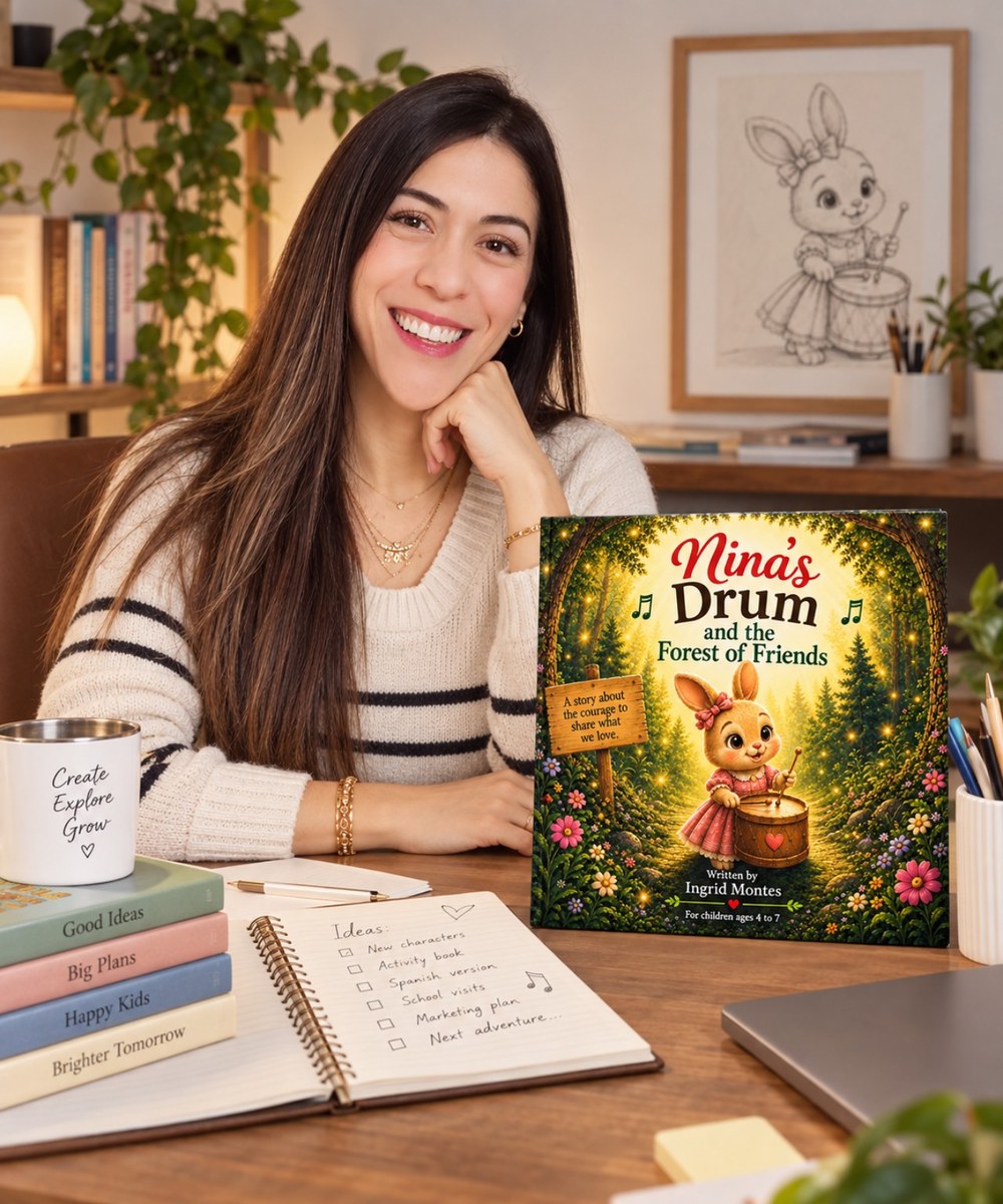 Ingrid Montes en su espacio creativo junto a Nina's Drum and the Forest of Friends